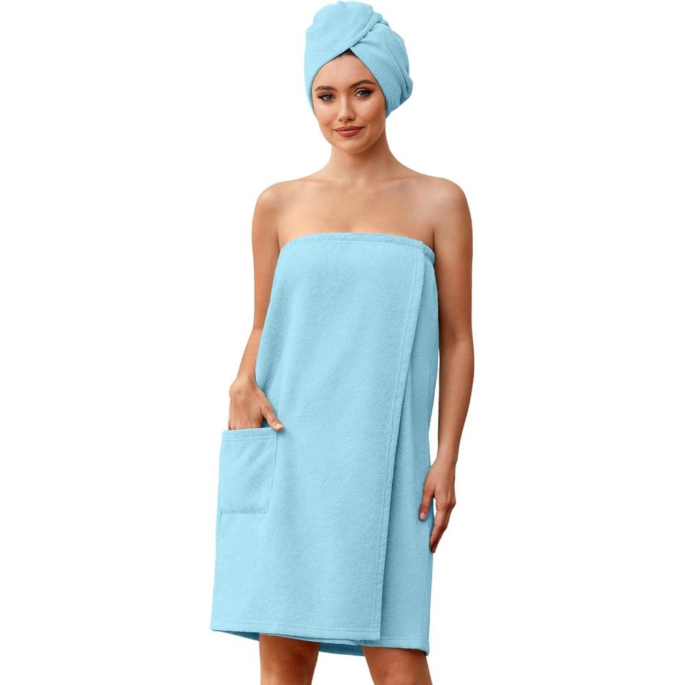 imageEkouaer Towel Wrap for Women with Hair Towel Lightweight Knee Length Spa Body Bath Adjustable Closure Bathrobe with PocketBaby Blue