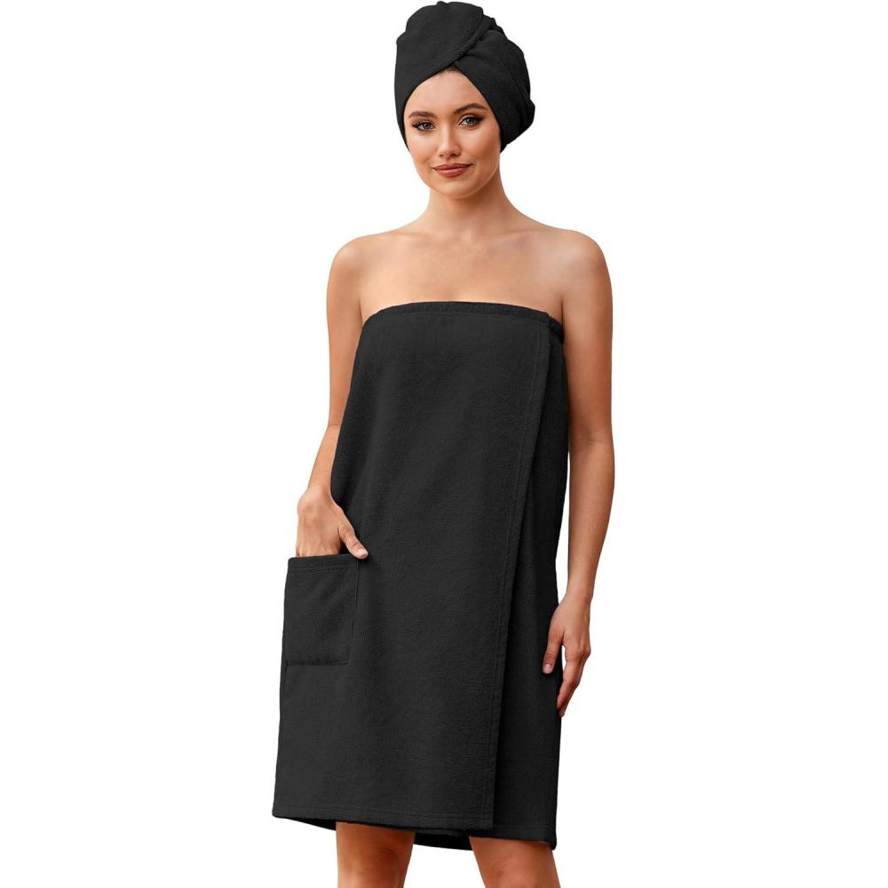 imageEkouaer Towel Wrap for Women with Hair Towel Lightweight Knee Length Spa Body Bath Adjustable Closure Bathrobe with PocketBlack