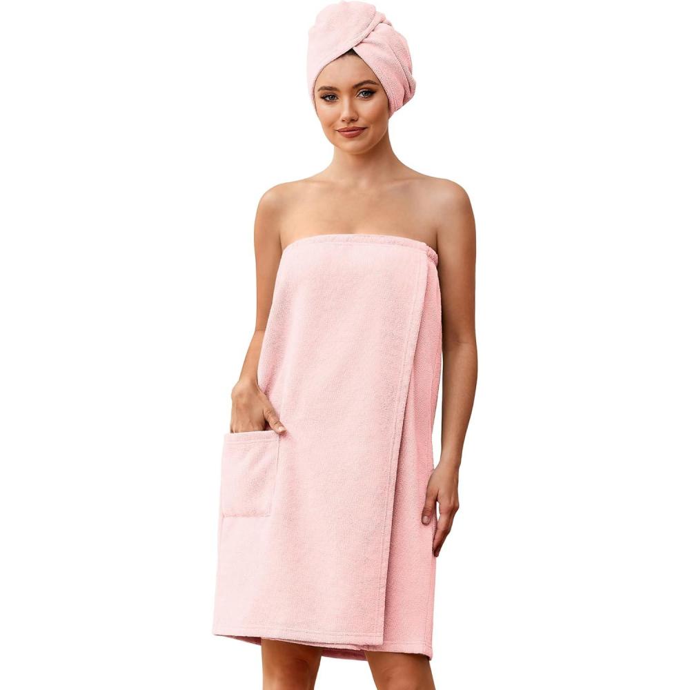 imageEkouaer Towel Wrap for Women with Hair Towel Lightweight Knee Length Spa Body Bath Adjustable Closure Bathrobe with PocketBlush