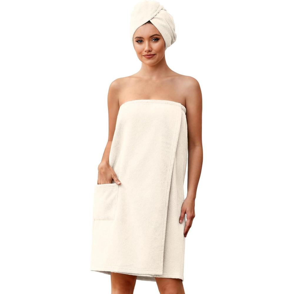 imageEkouaer Towel Wrap for Women with Hair Towel Lightweight Knee Length Spa Body Bath Adjustable Closure Bathrobe with PocketCream
