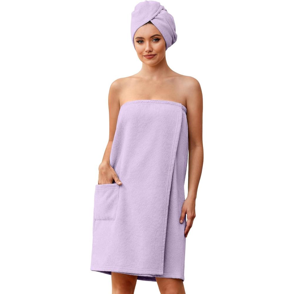 imageEkouaer Towel Wrap for Women with Hair Towel Lightweight Knee Length Spa Body Bath Adjustable Closure Bathrobe with PocketLavender