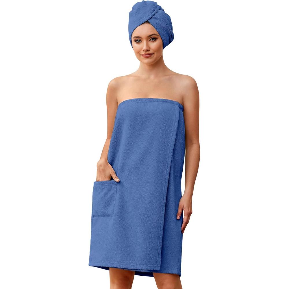 imageEkouaer Towel Wrap for Women with Hair Towel Lightweight Knee Length Spa Body Bath Adjustable Closure Bathrobe with PocketNavy Blue