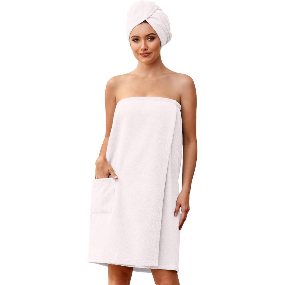 imageEkouaer Towel Wrap for Women with Hair Towel Lightweight Knee Length Spa Body Bath Adjustable Closure Bathrobe with PocketWhite