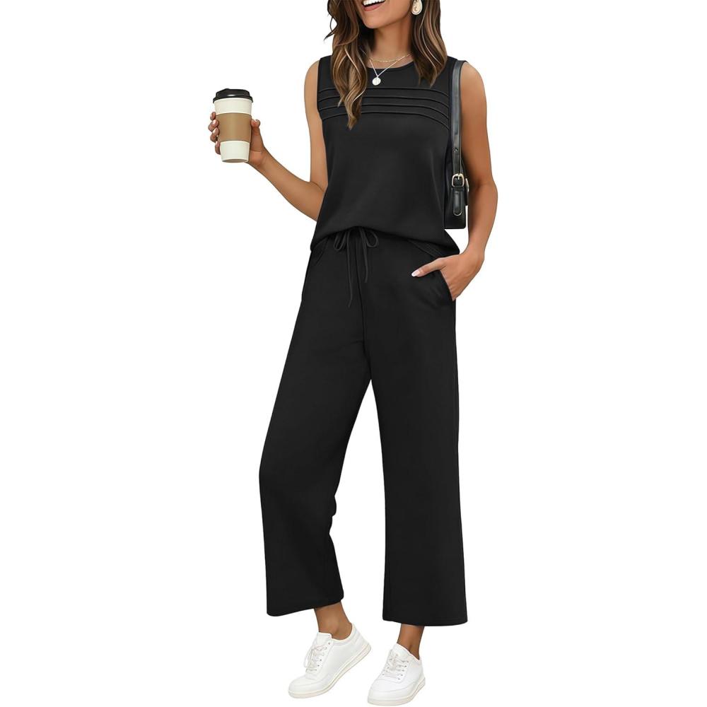 imageEkouaer Two Piece Sets for Women Summer Vacation Fashion Outfits Sleeveless Top Wide Leg Pants 2026 Lounge Sets S2XlBlack