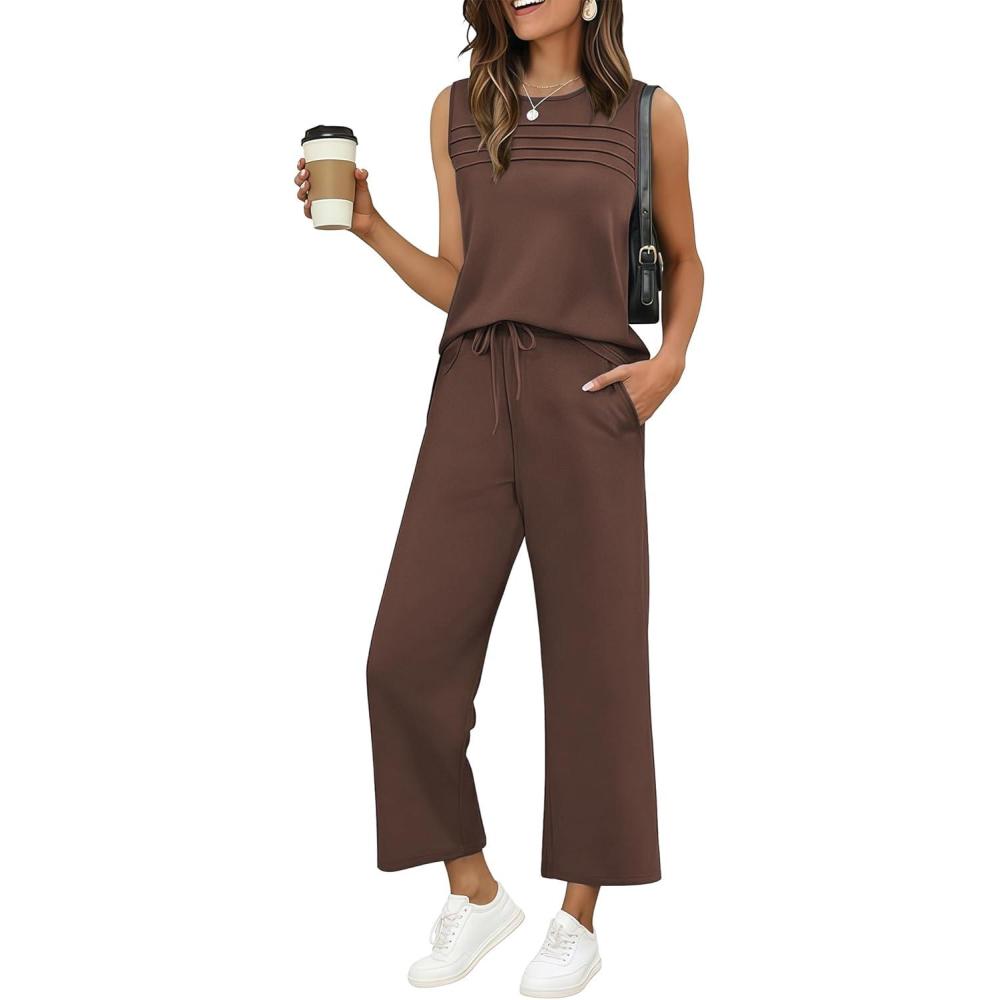 imageEkouaer Two Piece Sets for Women Summer Vacation Fashion Outfits Sleeveless Top Wide Leg Pants 2026 Lounge Sets S2XlBrown