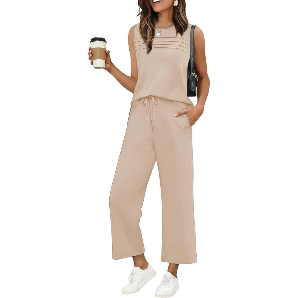 imageEkouaer Two Piece Sets for Women Summer Vacation Fashion Outfits Sleeveless Top Wide Leg Pants 2026 Lounge Sets S2XlChampagne