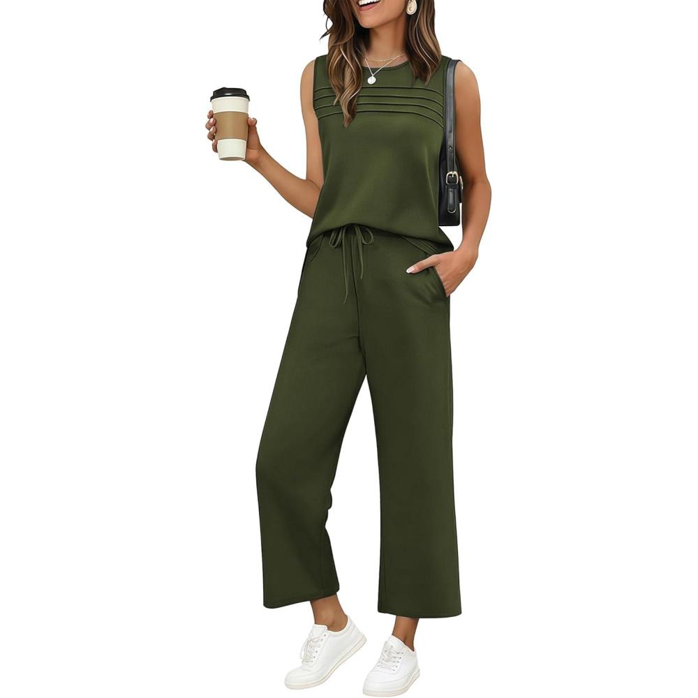 imageEkouaer Two Piece Sets for Women Summer Vacation Fashion Outfits Sleeveless Top Wide Leg Pants 2026 Lounge Sets S2XlDark Green