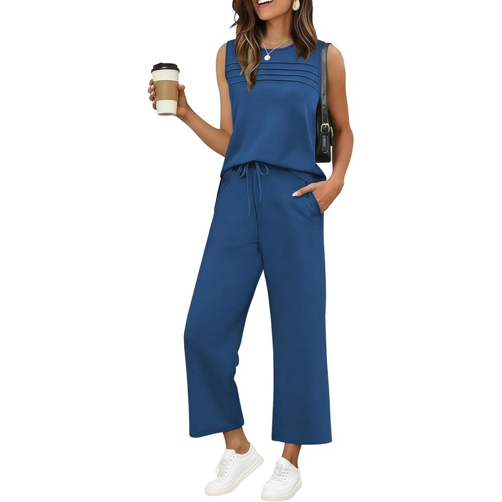 imageEkouaer Two Piece Sets for Women Summer Vacation Fashion Outfits Sleeveless Top Wide Leg Pants 2026 Lounge Sets S2XlDeep Blue