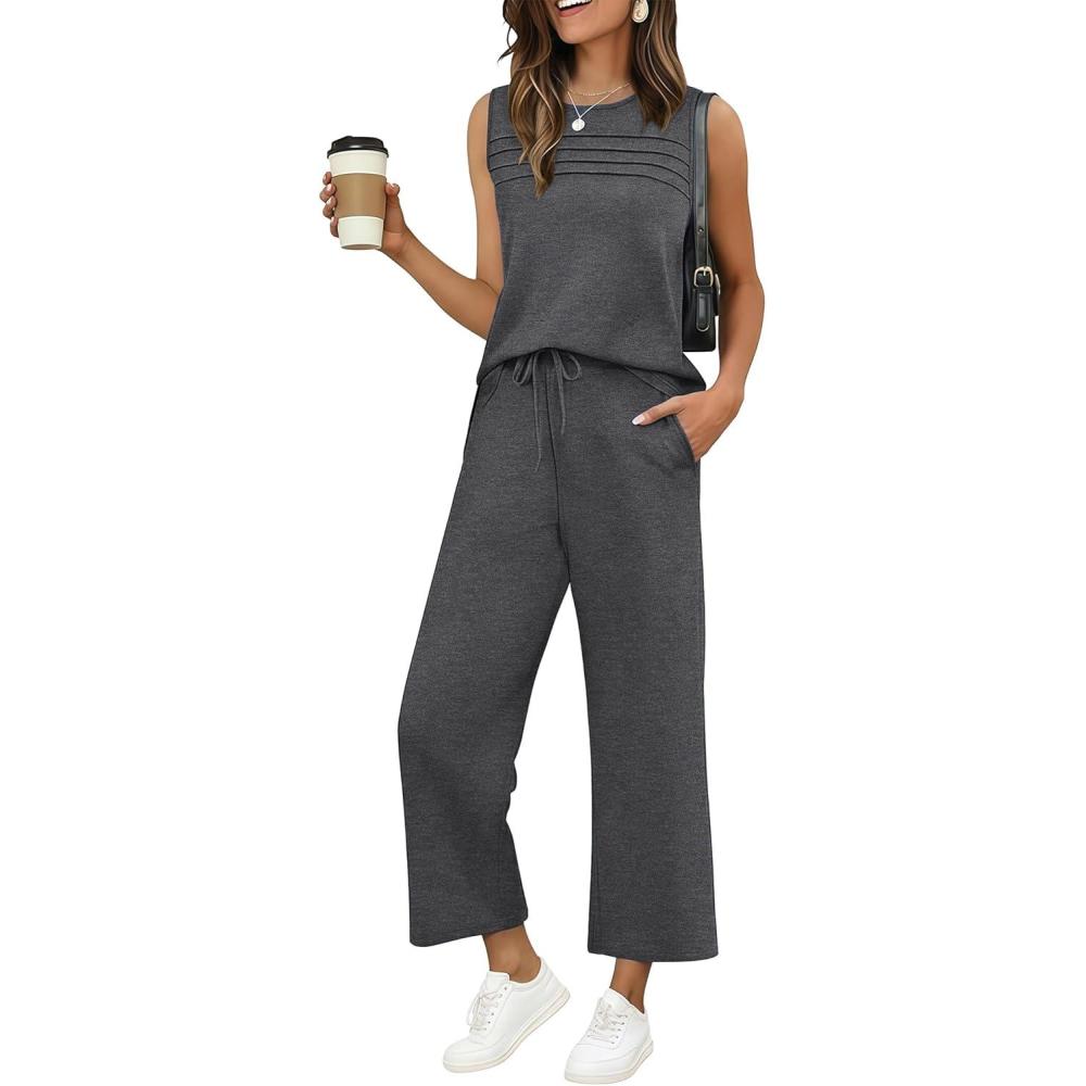 imageEkouaer Two Piece Sets for Women Summer Vacation Fashion Outfits Sleeveless Top Wide Leg Pants 2026 Lounge Sets S2XlGrey