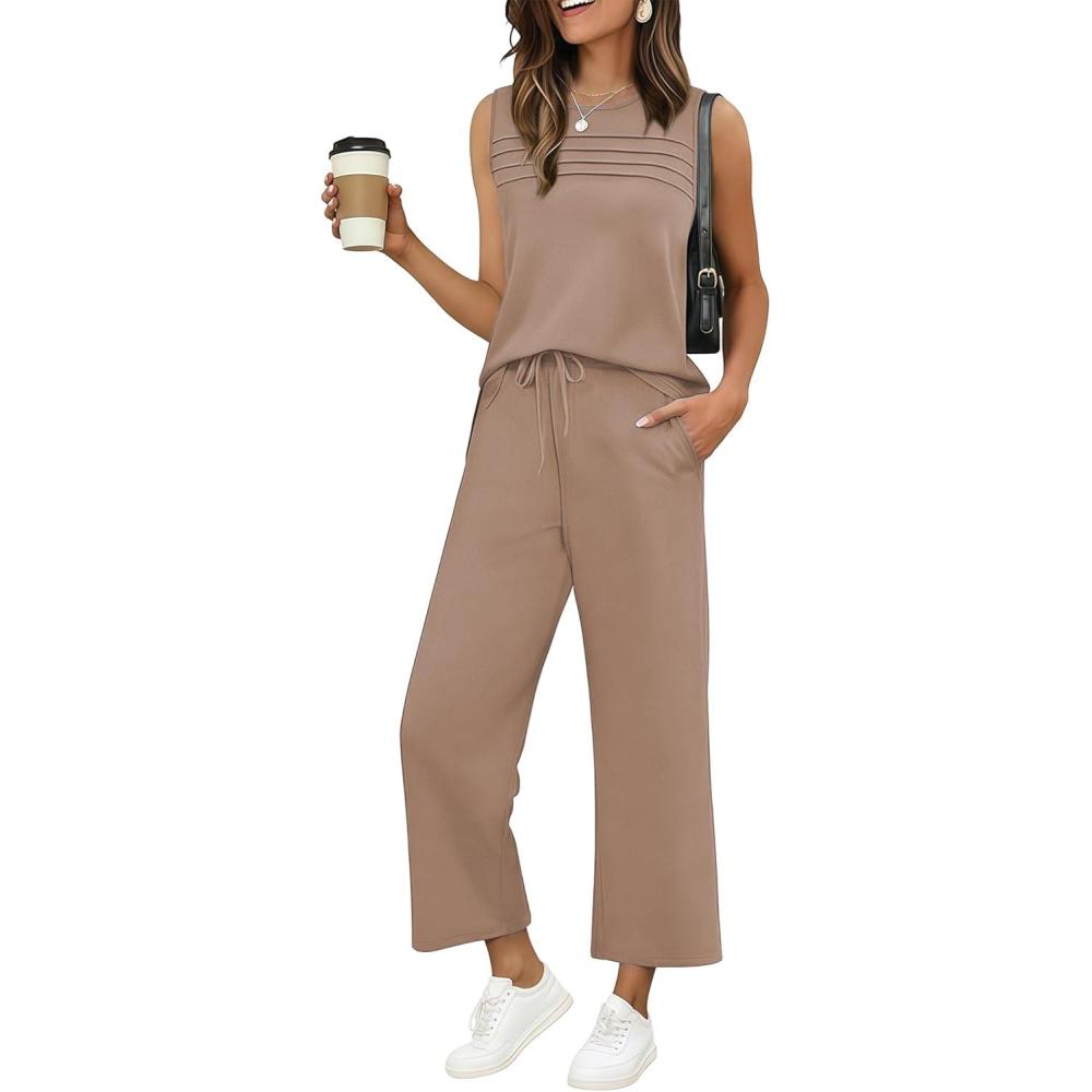 imageEkouaer Two Piece Sets for Women Summer Vacation Fashion Outfits Sleeveless Top Wide Leg Pants 2026 Lounge Sets S2XlKhaki