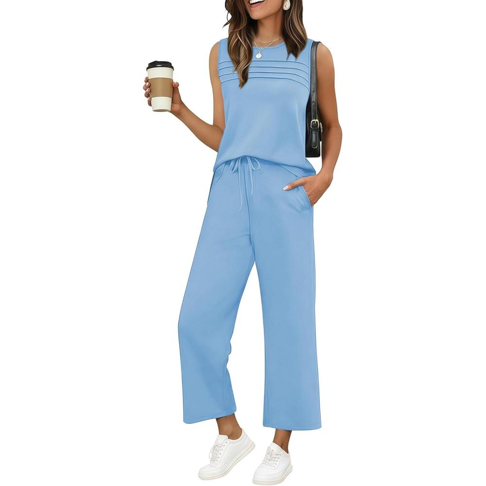 imageEkouaer Two Piece Sets for Women Summer Vacation Fashion Outfits Sleeveless Top Wide Leg Pants 2026 Lounge Sets S2XlLight Blue