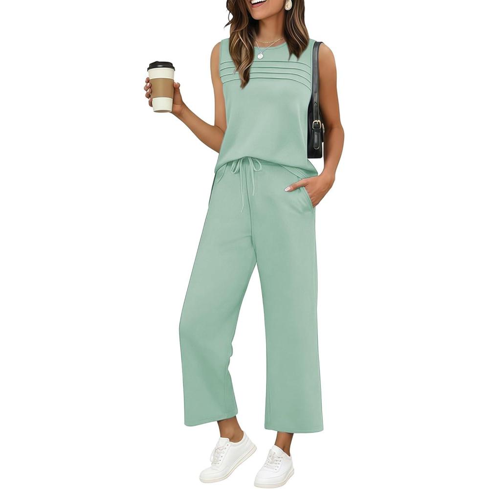 imageEkouaer Two Piece Sets for Women Summer Vacation Fashion Outfits Sleeveless Top Wide Leg Pants 2026 Lounge Sets S2XlLight Green