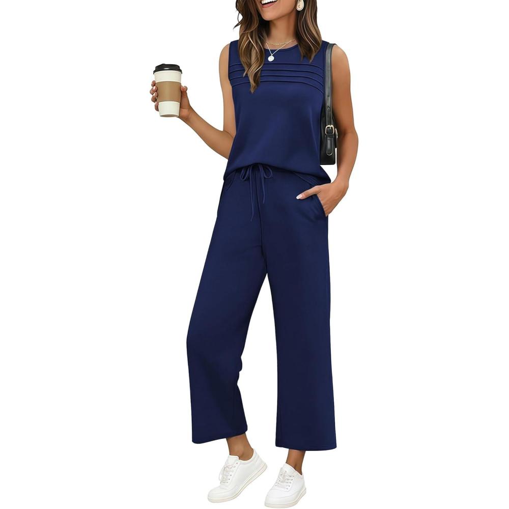 imageEkouaer Two Piece Sets for Women Summer Vacation Fashion Outfits Sleeveless Top Wide Leg Pants 2026 Lounge Sets S2XlNavy Blue