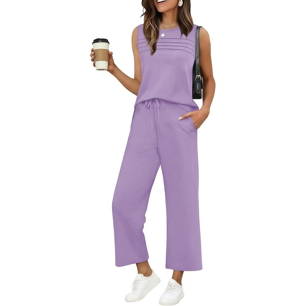 imageEkouaer Two Piece Sets for Women Summer Vacation Fashion Outfits Sleeveless Top Wide Leg Pants 2026 Lounge Sets S2XlPurple
