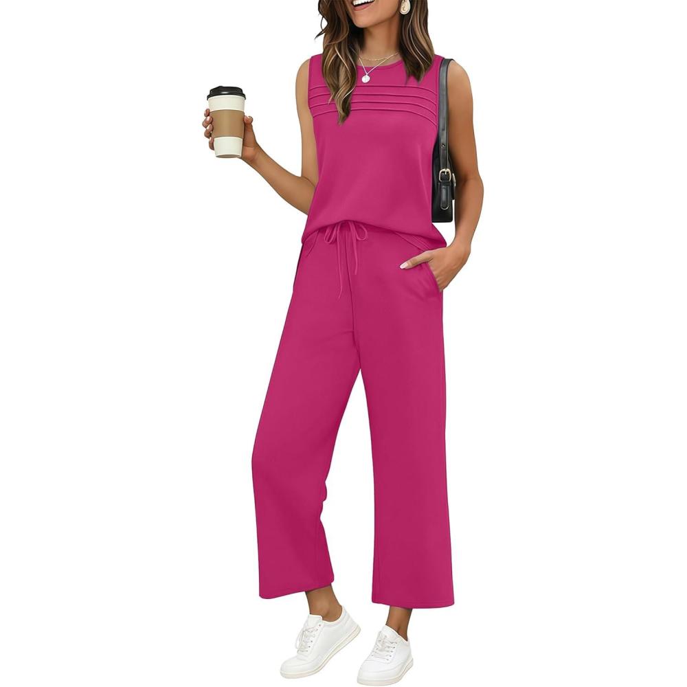 imageEkouaer Two Piece Sets for Women Summer Vacation Fashion Outfits Sleeveless Top Wide Leg Pants 2026 Lounge Sets S2XlRose Pink