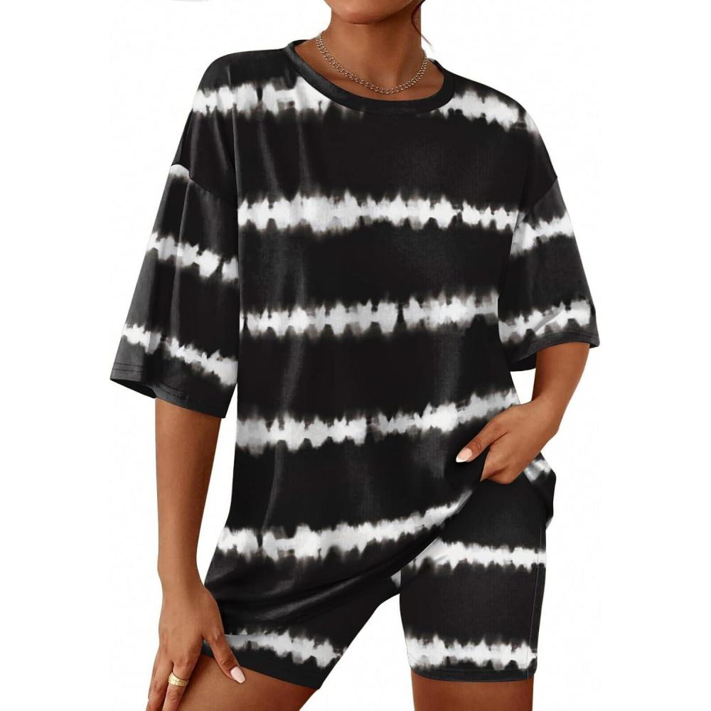 imageEkouaer Women 2 Piece Lounge Sets Moisture Wicking Summer Outfits 2026 Oversized TShirt and Biker Short Matching SetsBlack Tiedye