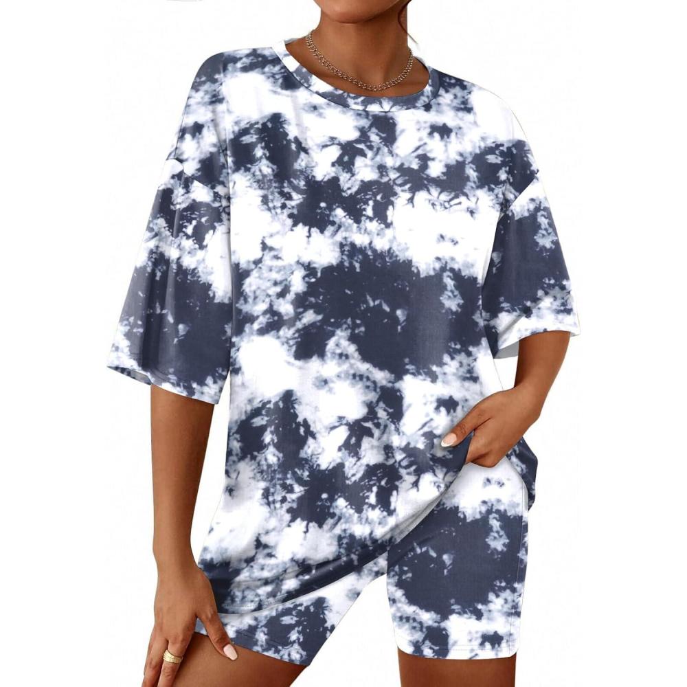 imageEkouaer Women 2 Piece Lounge Sets Moisture Wicking Summer Outfits 2026 Oversized TShirt and Biker Short Matching SetsBlack and White Tiedye