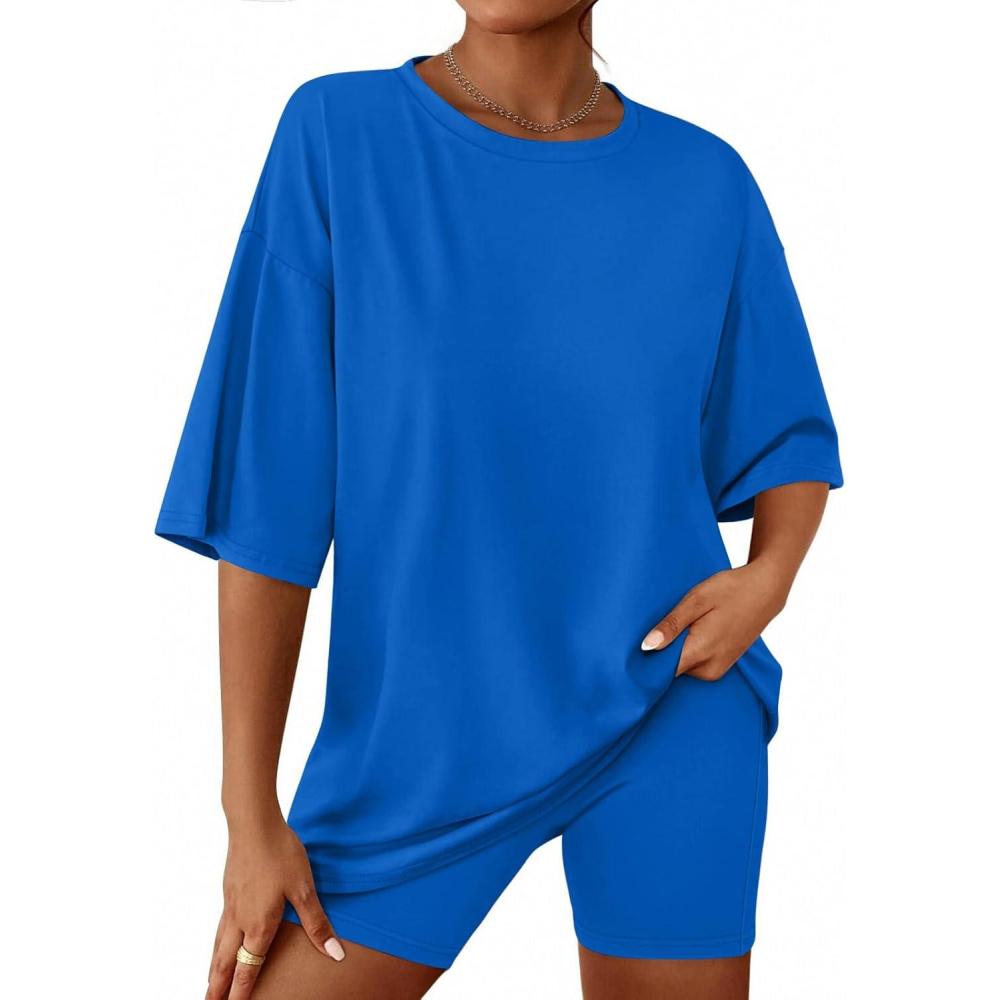 imageEkouaer Women 2 Piece Lounge Sets Moisture Wicking Summer Outfits 2026 Oversized TShirt and Biker Short Matching SetsBlue