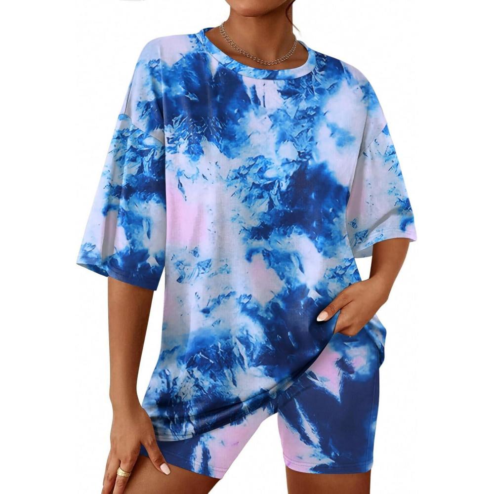 imageEkouaer Women 2 Piece Lounge Sets Moisture Wicking Summer Outfits 2026 Oversized TShirt and Biker Short Matching SetsBlue and Purple Tiedye