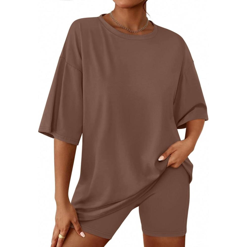 imageEkouaer Women 2 Piece Lounge Sets Moisture Wicking Summer Outfits 2026 Oversized TShirt and Biker Short Matching SetsBrown