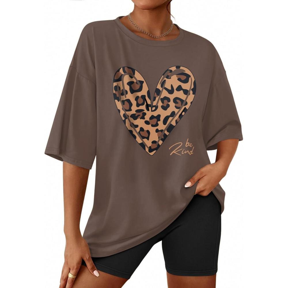 imageEkouaer Women 2 Piece Lounge Sets Moisture Wicking Summer Outfits 2026 Oversized TShirt and Biker Short Matching SetsBrown Leopard Heart Print