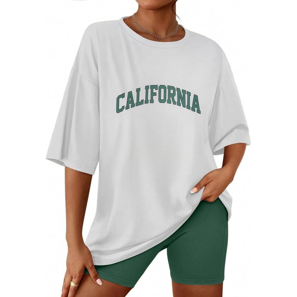 imageEkouaer Women 2 Piece Lounge Sets Moisture Wicking Summer Outfits 2026 Oversized TShirt and Biker Short Matching SetsCalifornia Text Print