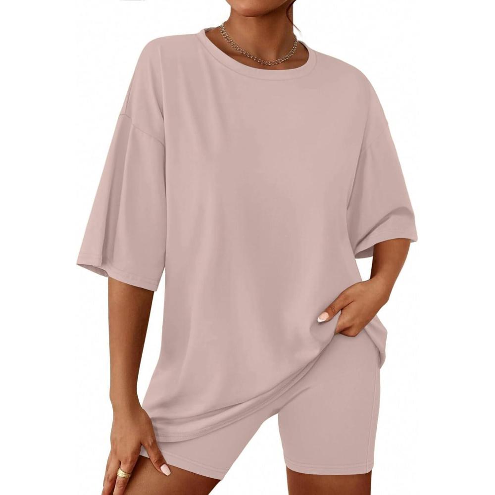 imageEkouaer Women 2 Piece Lounge Sets Moisture Wicking Summer Outfits 2026 Oversized TShirt and Biker Short Matching SetsGold