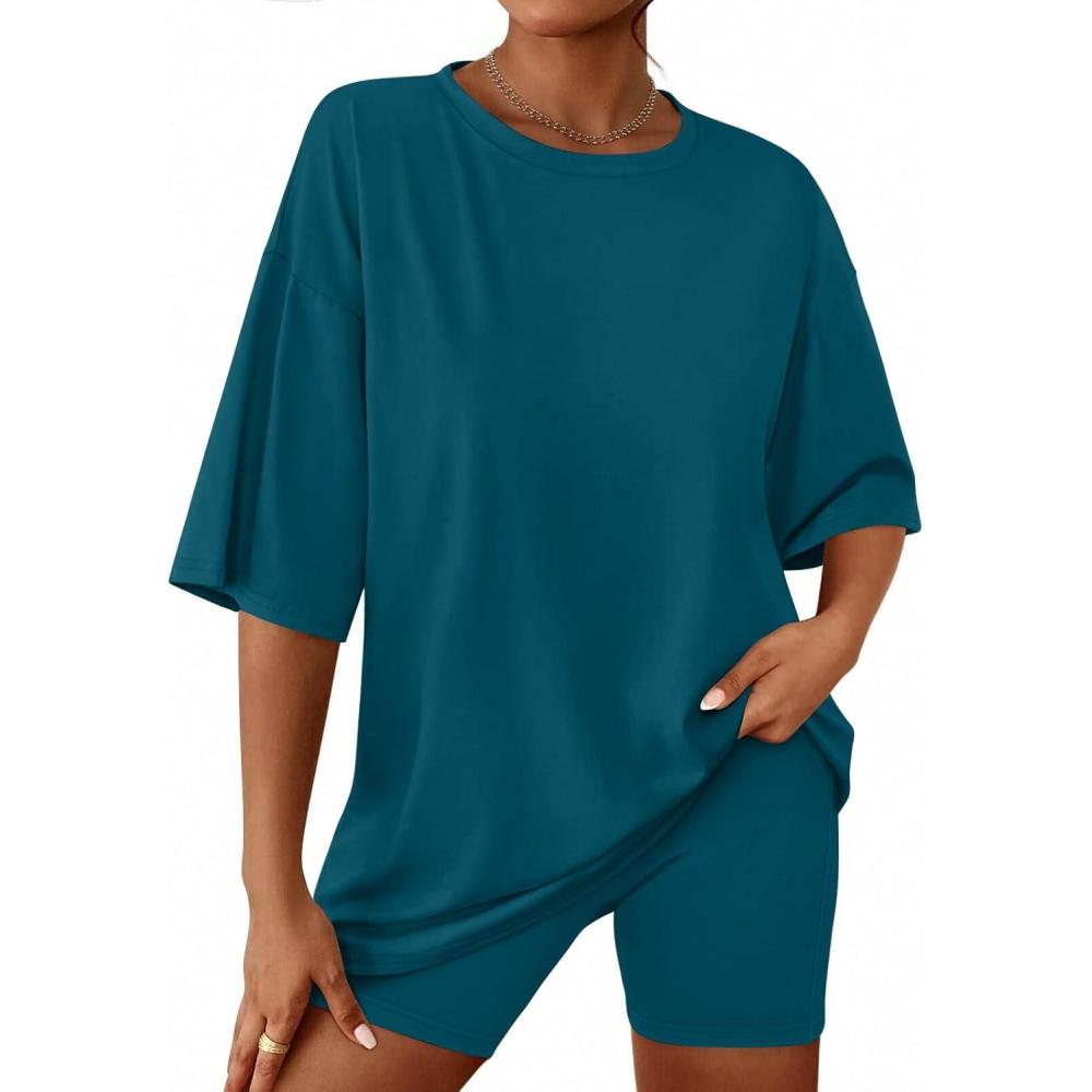 imageEkouaer Women 2 Piece Lounge Sets Moisture Wicking Summer Outfits 2026 Oversized TShirt and Biker Short Matching SetsGreen