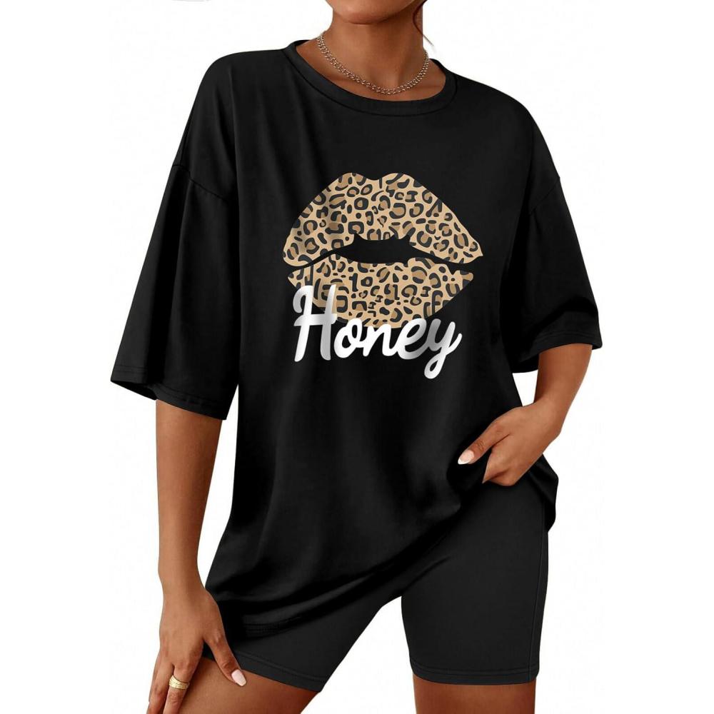 imageEkouaer Women 2 Piece Lounge Sets Moisture Wicking Summer Outfits 2026 Oversized TShirt and Biker Short Matching SetsLeopard Honey Lips Print