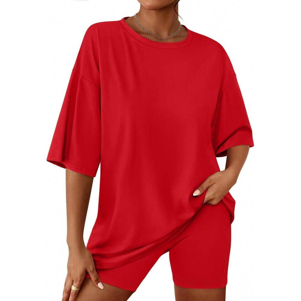 imageEkouaer Women 2 Piece Lounge Sets Moisture Wicking Summer Outfits 2026 Oversized TShirt and Biker Short Matching SetsRed