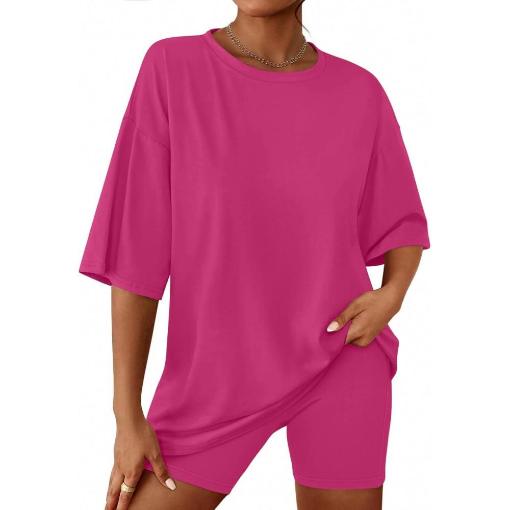 imageEkouaer Women 2 Piece Lounge Sets Moisture Wicking Summer Outfits 2026 Oversized TShirt and Biker Short Matching SetsRose Red