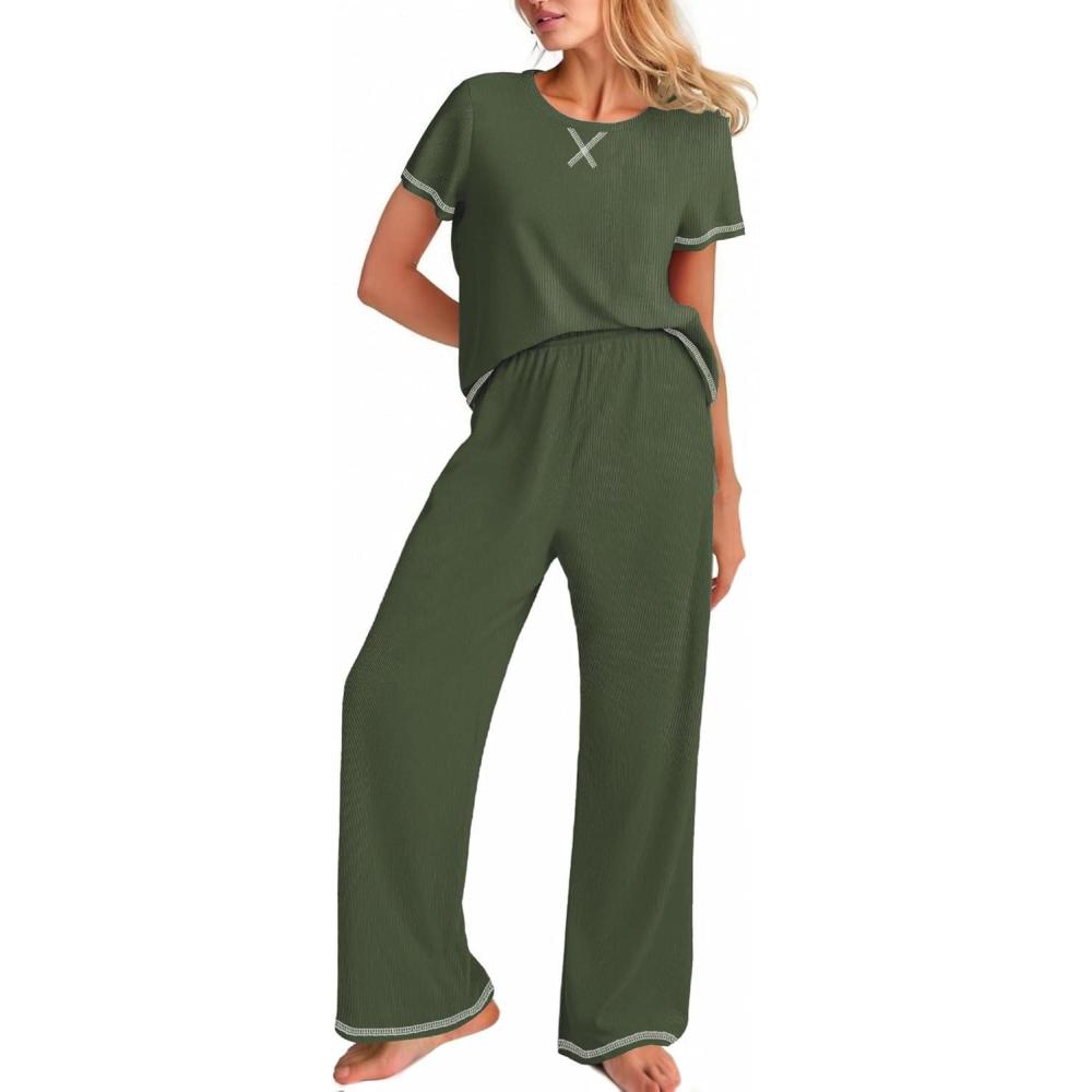 imageEkouaer Women Soft Pant Sets Short Sleeve Top and Long Pants Pjs 2 Piece Lightweight Pajama Sets with PocketsArmy Green