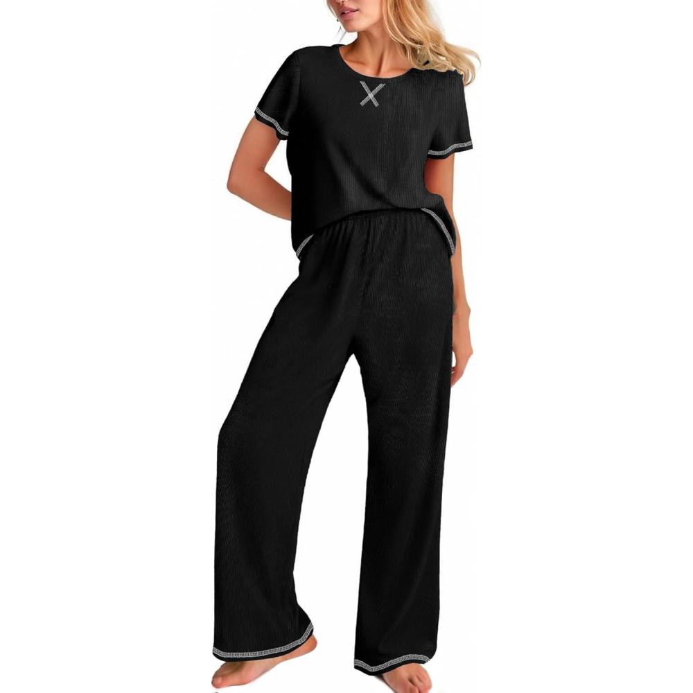 imageEkouaer Women Soft Pant Sets Short Sleeve Top and Long Pants Pjs 2 Piece Lightweight Pajama Sets with PocketsBlack