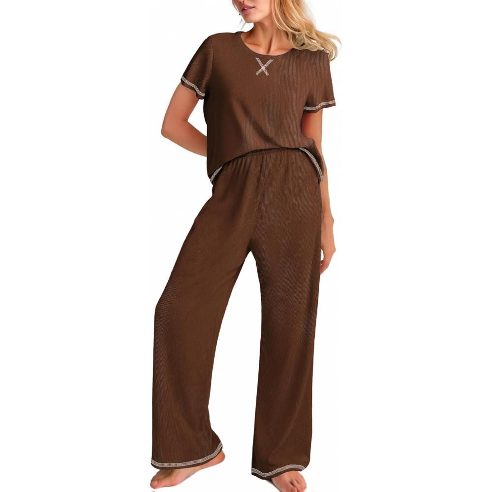 imageEkouaer Women Soft Pant Sets Short Sleeve Top and Long Pants Pjs 2 Piece Lightweight Pajama Sets with PocketsBrown