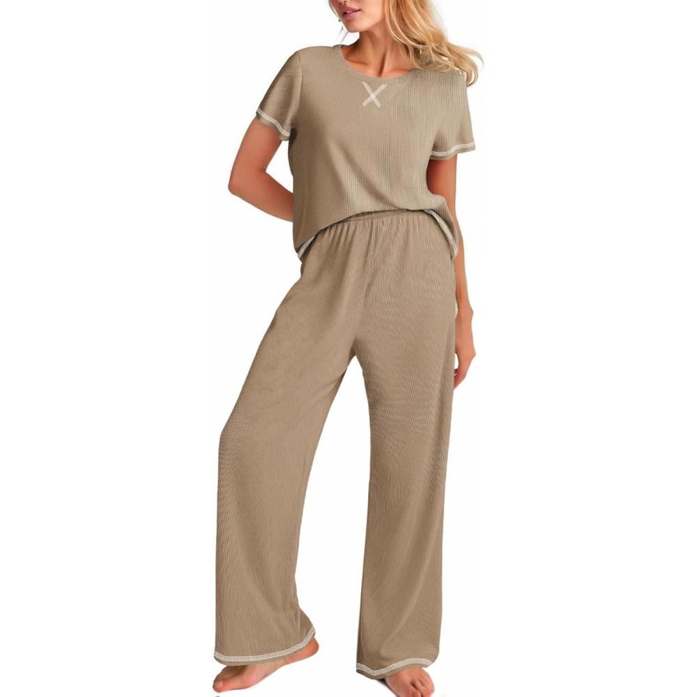 imageEkouaer Women Soft Pant Sets Short Sleeve Top and Long Pants Pjs 2 Piece Lightweight Pajama Sets with PocketsKhaki