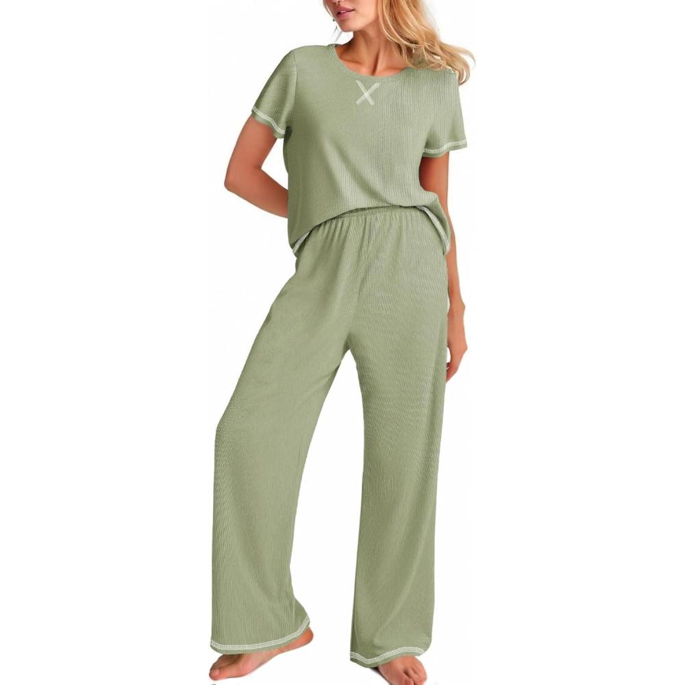 imageEkouaer Women Soft Pant Sets Short Sleeve Top and Long Pants Pjs 2 Piece Lightweight Pajama Sets with PocketsLight Green