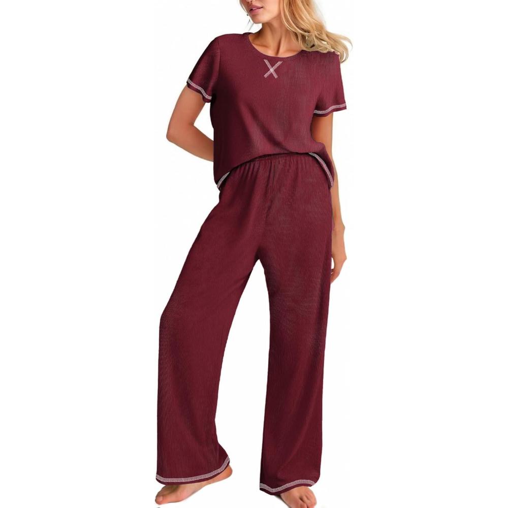 imageEkouaer Women Soft Pant Sets Short Sleeve Top and Long Pants Pjs 2 Piece Lightweight Pajama Sets with PocketsWine Red