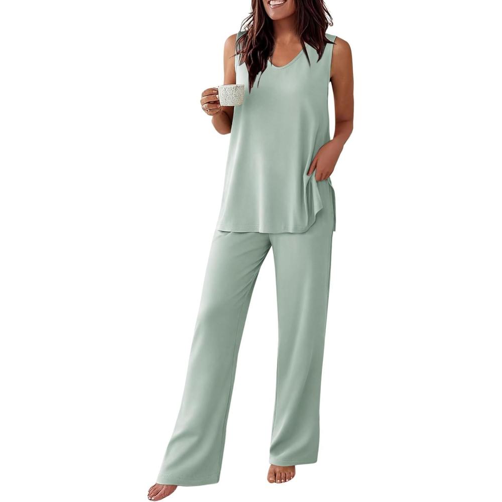 imageEkouaer Womens Pajamas Set Sleeveless Lounge Sets Comfy Tank Top and Pants Pjs Set V Neck 2 Piece Sleepwear SXXLLight Green