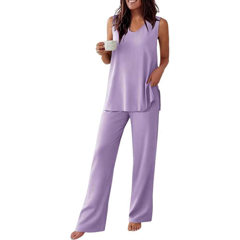 imageEkouaer Womens Pajamas Set Sleeveless Lounge Sets Comfy Tank Top and Pants Pjs Set V Neck 2 Piece Sleepwear SXXLLilac
