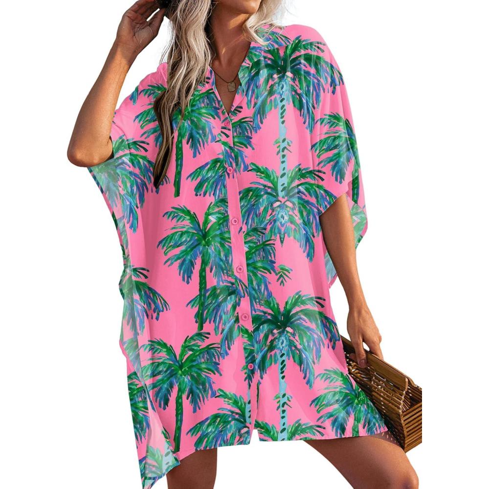 imageEkouaer Womens Swimsuit Cover Up 34 Sleeve Beachwear Bikini Coverups Button Down Oversized Cover Up Shirt S3XLWatercolor Coconut Tree