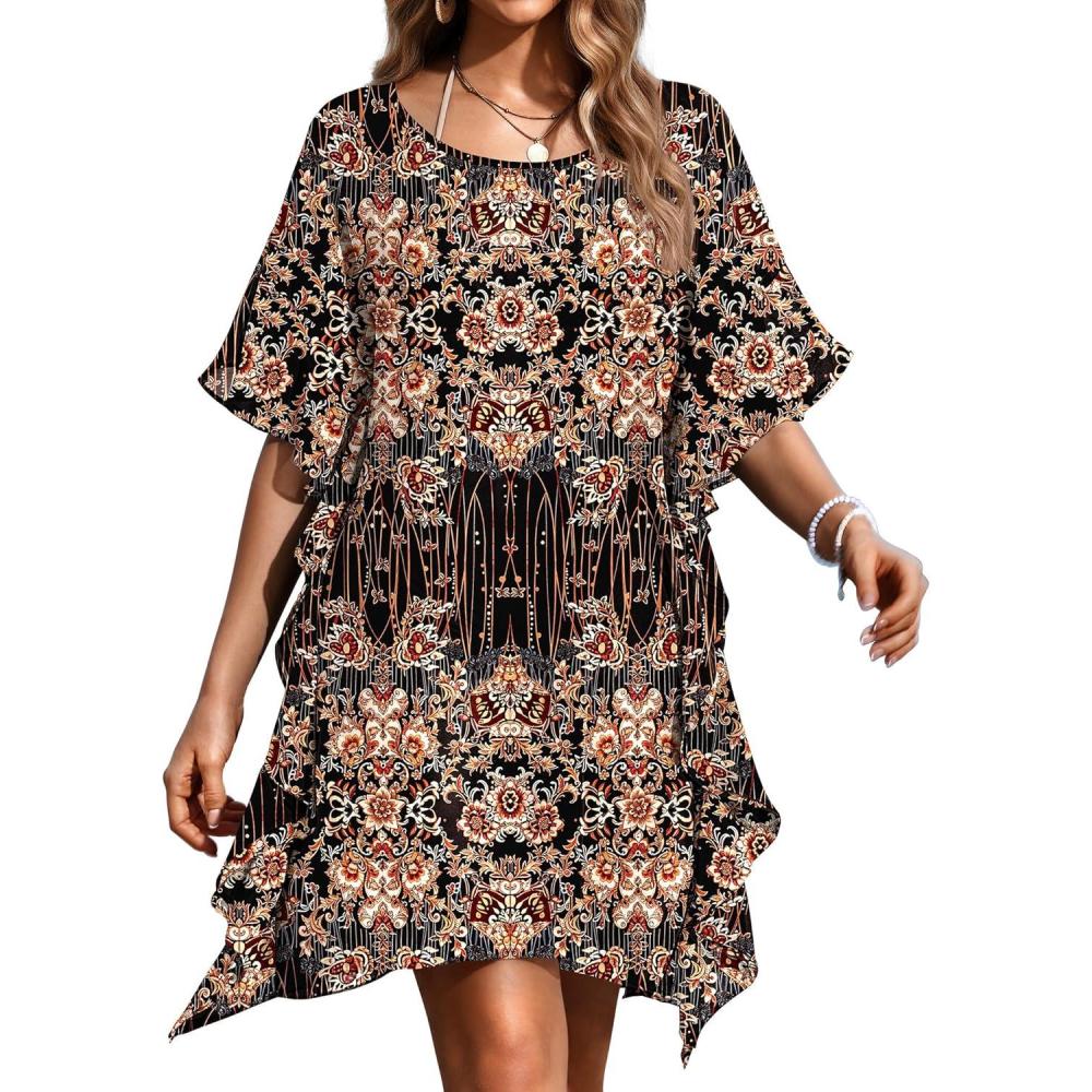 imageEkouaer Womens Swimsuit Coverup Chiffon Floral Bathing Suit Cover Up Ruffled Summer Beachwear Bikini Coverups S3XLBohemia Black