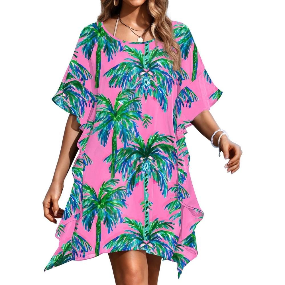 imageEkouaer Womens Swimsuit Coverup Chiffon Floral Bathing Suit Cover Up Ruffled Summer Beachwear Bikini Coverups S3XLCoconut Tree Pink