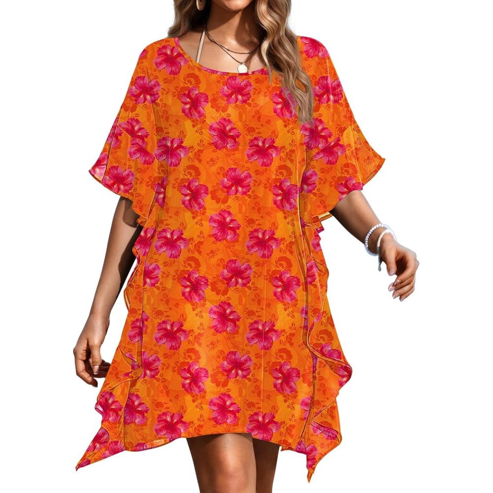 imageEkouaer Womens Swimsuit Coverup Chiffon Floral Bathing Suit Cover Up Ruffled Summer Beachwear Bikini Coverups S3XLFloral Orange