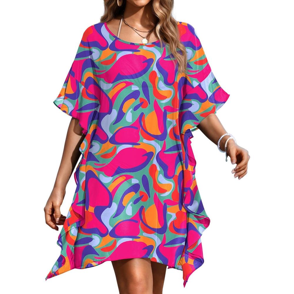 imageEkouaer Womens Swimsuit Coverup Chiffon Floral Bathing Suit Cover Up Ruffled Summer Beachwear Bikini Coverups S3XLMulticolor1