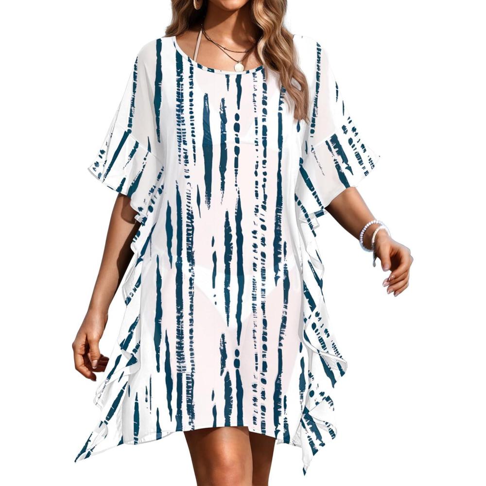 imageEkouaer Womens Swimsuit Coverup Chiffon Floral Bathing Suit Cover Up Ruffled Summer Beachwear Bikini Coverups S3XLStripe Blue