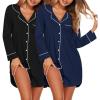 Ekouaer 2 Pack Nightgowns for Women Long Sleeve Night Shirt Button Down Sleep Shirt V-Neck Sleep Dress Pajama Sleepwear(Black/Navy Blue)