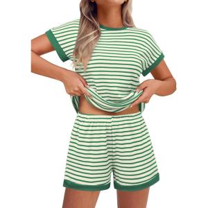 EKOUAER 2 Piece Sets for Women Summer Outfits Cute Stripe Knit T Shirts Shorts Matching Lounge Set(Green White Striped)