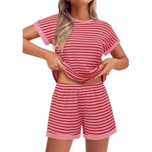 EKOUAER 2 Piece Sets for Women Summer Outfits Cute Stripe Knit T Shirts Shorts Matching Lounge Set(Hot Pink Striped)