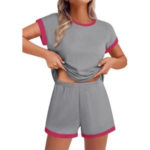 EKOUAER 2 Piece Sets for Women Summer Outfits Cute Stripe Knit T Shirts Shorts Matching Lounge Set(Light Gray)