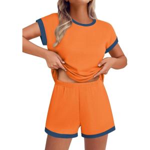 EKOUAER 2 Piece Sets for Women Summer Outfits Cute Stripe Knit T Shirts Shorts Matching Lounge Set(Orange)